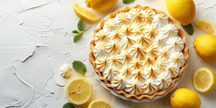 Lemon meringue pie in the summer with a single lemon piece. Generative Ai