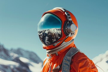a person wearing an orange space suit with a reflective visor - obrazy, fototapety, plakaty