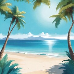 Fototapeta na wymiar Tropical beach with palm trees and sea in painting style. summer holiday graphics, cheerful happy and festive design. Summer background