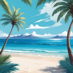 Tropical beach with palm trees and sea in painting style. summer holiday graphics, cheerful happy and festive design. Summer background