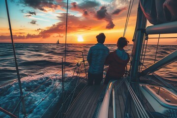 Moving boat sailing deck enjoying a sunset with a couple. Generative Ai - obrazy, fototapety, plakaty