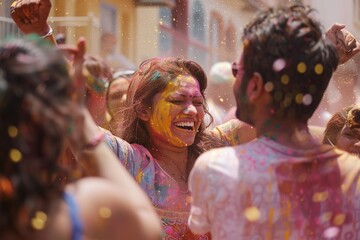 Multiethnic friends being celebrated during the Holi festival. Generative Ai