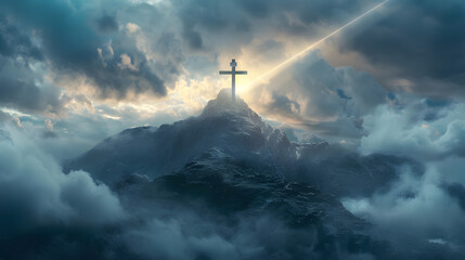 A cross sits atop a mountain with clouds swirling around it - obrazy, fototapety, plakaty
