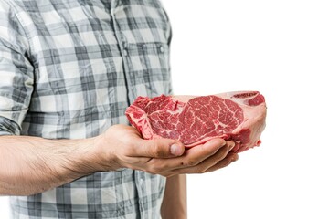 A man holds wagyu raw meat in his hand isolated on solid white background. ai generative