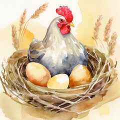Namalowana kura w gnieździe siedząca na jajkach ilustracja - 778066195