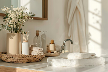 Bathroom interior of marble sink table with spa soap bottle, towels and shampoo background, stylish countertop in toilet.