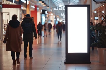 display blank clean screen mockup for offers or advertisement in public area with blured people walking