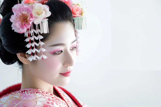 A beautiful traditional Japanese geisha with flowers in her hair Isolated on white background