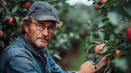 man picking apples, Man picking apples in orchard, A farmer carefully pruning and picking apples in an orchard, wearing a plaid shirt and cap