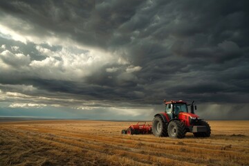 Obraz premium Red tractor drives across a huge field under a dramatic stormy sky, highlighting the power of modern agriculture