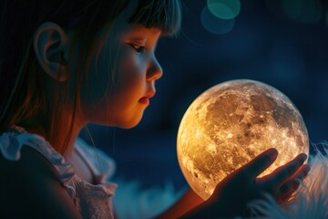 Naklejka premium a young girl is captivated by the luminescent orb she holds, magical glow of the moon