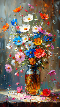 Bouquet of colorful wildflowers in a glass vase. Oil painting.