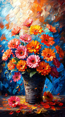 Bouquet of gerberas in a vase, oil painting