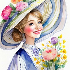 Namalowana dama kobieta w kapeluszu ilustracja - obrazy, fototapety, plakaty