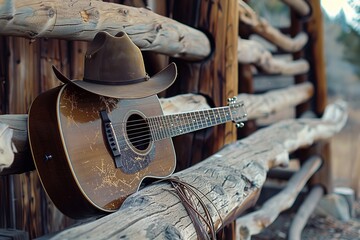 Scene: Cowboy Hat Western, Acoustic Country Guitar. Generative Ai - obrazy, fototapety, plakaty