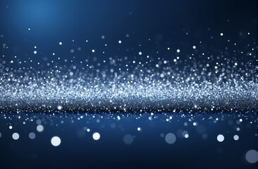 Background with blue and silver particle. bright Silver light shine particles bokeh on navy blue background. Silver foil texture. Holiday concept.