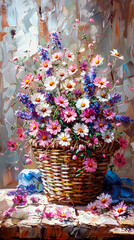 Bouquet of colorful wildflowers in a wicker basket. Oil painting.
