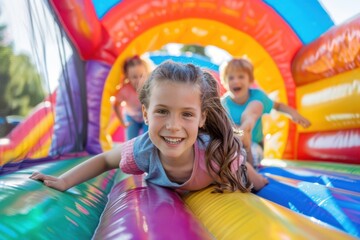 Kids on the inflatable bounce house - obrazy, fototapety, plakaty
