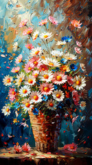 Still life with a bouquet of daisies in a basket. Oil painting.