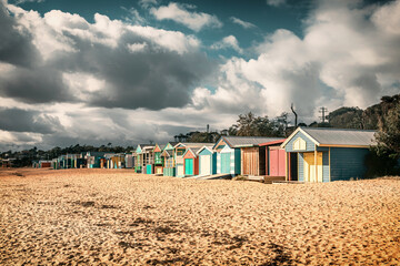 The view of the colorful bathing boxes on the beach in Mornington Peninsula in Melbourne