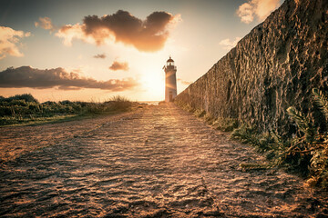 The view of the path to the Port Fairy Lighthouse in the sunrise - obrazy, fototapety, plakaty
