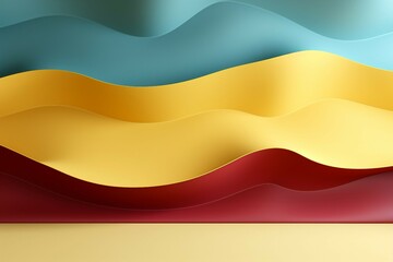 Obraz premium 立体的な背景。青緑とワインレッドと黄色の曲線的な壁がある抽象的な空間