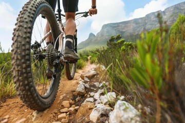 Extreme mountain biker cycling on an outdoor mountain bike trail