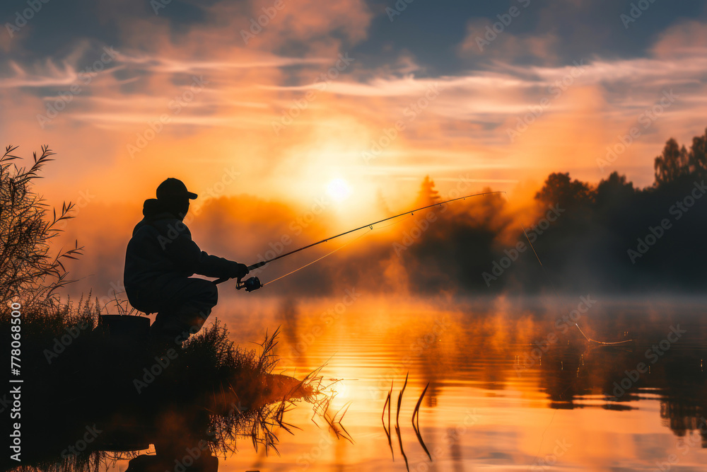 Wall mural Fisherman fishing on a scenic lake at dawn silhouette with morning fog