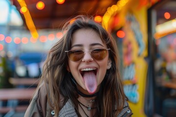 funny girl shows long tongue