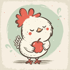 Happy chicken holds apple, playful art.

