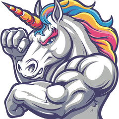 Strong angry unicorn mascot flexing its arm