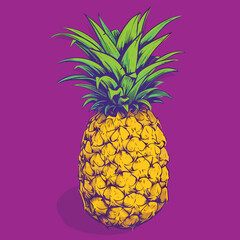 Pop-art pineapple, purple backdrop.
