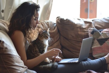 Student girl teen with laptop clutching cat on sofa and relaxing. Generative Ai - obrazy, fototapety, plakaty
