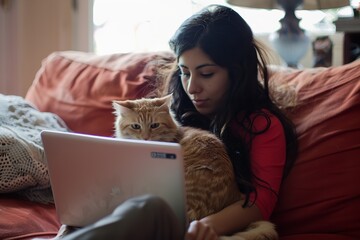 Student girl teen with laptop clutching cat on sofa and relaxing. Generative Ai