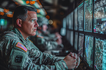 Military Man Observing Display Screen - obrazy, fototapety, plakaty
