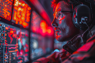 Man Wearing Headphones in Control Room - obrazy, fototapety, plakaty