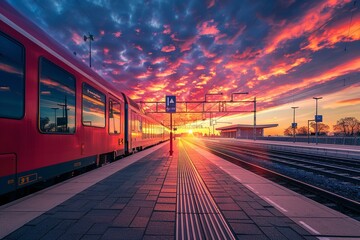 Suns train passenger red contemporary railway station beauty. Generative Ai - obrazy, fototapety, plakaty