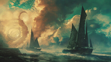 Futuristic sailboats from dystopian stories - obrazy, fototapety, plakaty