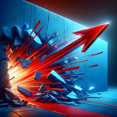 An intense scene where a red arrow pierces and breaks a blue wall, symbolizing a strong force overcoming resistance.