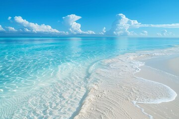 a beach with clear water and blue sky