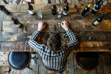 man sitting at table in pub with bottle of wine, alcohol addiction concept - obrazy, fototapety, plakaty