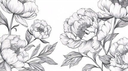 Elegant botanical design featuring peony blossoms and foliage, perfect for wedding invitations or wall art.