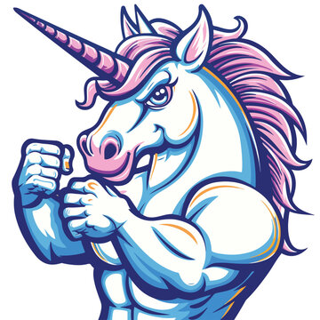 Strong angry unicorn mascot flexing its arm