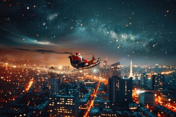 Santa Claus is delivering kids presents on reindeers, sleigh fly over the night illuminated city - obrazy, fototapety, plakaty