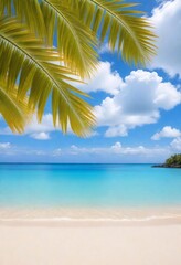 Fototapeta na wymiar Tropical beach, blue sky and sea, white sand, palm trees, summer composition, concept for advertising design, posters, landscape background. 9:16 format