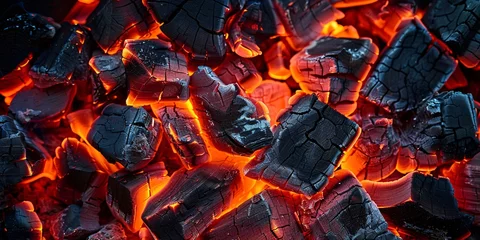 Keuken spatwand met foto A blazing hearth of burning wood and glowing embers in a warm, fiery hue. © ckybe