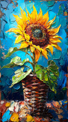 Oil painting of sunflower in vase. Oil painting on canvas.