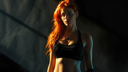athletic redhead in a black tank top: a portrait against a black background
