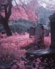 old gothic cemetery in the sea of pink flowers