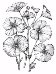 Hand-drawn black and white set of gotu kola Centella asiatica flower leaf illustrations with graphic style elements for labels, stickers, menus, and packaging. Engraved design.